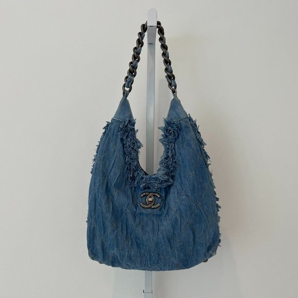 CHANEL DENIM FRINGE HOBO SHOULDER BAG - Picture 1 of 17